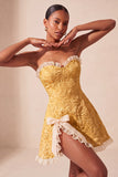 Sweetheart Yellow Jacquard A-Line com folhos e vestido de finalistas com fenda