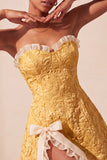Sweetheart Yellow Jacquard A-Line com folhos e vestido de finalistas com fenda