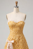 Sweetheart Yellow Jacquard A-Line com folhos e vestido de finalistas com fenda