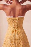 Sweetheart Yellow Jacquard A-Line com folhos e vestido de finalistas com fenda