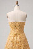 Sweetheart Yellow Jacquard A-Line com folhos e vestido de finalistas com fenda