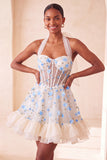 Vestido de regresso ao lar com flors floral amarelo claro em linha A com folhos com folhos nas costas, espartilho transparente
