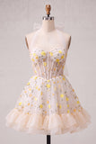 Vestido de regresso ao lar com flors floral amarelo claro em linha A com folhos com folhos nas costas, espartilho transparente