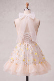 Vestido de regresso ao lar com flors floral amarelo claro em linha A com folhos com folhos nas costas, espartilho transparente