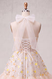 Vestido de regresso ao lar com flors floral amarelo claro em linha A com folhos com folhos nas costas, espartilho transparente