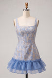 Espartilho azul, decote quadrado, renda levantada nas costas, vestido bodycon Jacquard Homecoming com folhos