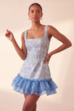Espartilho azul, decote quadrado, renda levantada nas costas, vestido bodycon Jacquard Homecoming com folhos