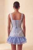 Espartilho azul, decote quadrado, renda levantada nas costas, vestido bodycon Jacquard Homecoming com folhos