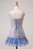 Espartilho azul, decote quadrado, renda levantada nas costas, vestido bodycon Jacquard Homecoming com folhos