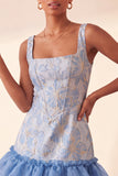 Espartilho azul, decote quadrado, renda levantada nas costas, vestido bodycon Jacquard Homecoming com folhos
