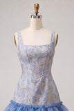 Espartilho azul, decote quadrado, renda levantada nas costas, vestido bodycon Jacquard Homecoming com folhos