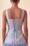 Espartilho azul, decote quadrado, renda levantada nas costas, vestido bodycon Jacquard Homecoming com folhos