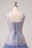 Espartilho azul, decote quadrado, renda levantada nas costas, vestido bodycon Jacquard Homecoming com folhos