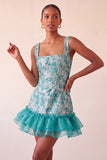 Espartilho azul, decote quadrado, renda levantada nas costas, vestido bodycon Jacquard Homecoming com folhos