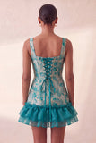 Espartilho azul, decote quadrado, renda levantada nas costas, vestido bodycon Jacquard Homecoming com folhos