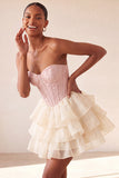 Espartilho cor-de-rosa Sweetheart A-Line Jacquard Renda nas costas Vestido de Regresso a Casa