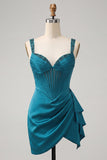 Bodycon Espartilho Basco de Cintura Basca Lake Blue Ruched Vestido de Finalistas com Folhos