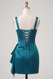 Bodycon Espartilho Basco de Cintura Basca Lake Blue Ruched Vestido de Finalistas com Folhos