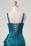 Bodycon Espartilho Basco de Cintura Basca Lake Blue Ruched Vestido de Finalistas com Folhos