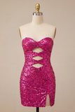 Sweetheart Fuchsia Keyhole Bodycon com lantejoulas brilhantes vestido de regresso a casa com fenda