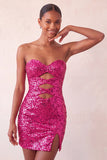 Sweetheart Fuchsia Keyhole Bodycon com lantejoulas brilhantes vestido de regresso a casa com fenda