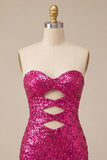 Sweetheart Fuchsia Keyhole Bodycon com lantejoulas brilhantes vestido de regresso a casa com fenda