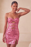 Sweetheart Fuchsia Keyhole Bodycon com lantejoulas brilhantes vestido de regresso a casa com fenda