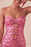 Sweetheart Fuchsia Keyhole Bodycon com lantejoulas brilhantes vestido de regresso a casa com fenda