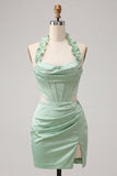 Espartilho Topo Bodycon Verde Menta Verde Verde Frunzido Curto Vestido de Finalistas com Fenda