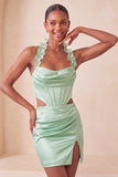 Espartilho Topo Bodycon Verde Menta Verde Verde Frunzido Curto Vestido de Finalistas com Fenda