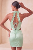 Espartilho Topo Bodycon Verde Menta Verde Verde Frunzido Curto Vestido de Finalistas com Fenda