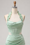 Espartilho Topo Bodycon Verde Menta Verde Verde Frunzido Curto Vestido de Finalistas com Fenda
