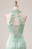 Espartilho Topo Bodycon Verde Menta Verde Verde Frunzido Curto Vestido de Finalistas com Fenda