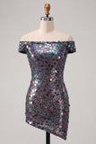 Vestido de Homecoming Bodycon Champanhe Brilhante com Ombros Abertos e Lantejoulas