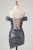 Vestido de Homecoming Bodycon Champanhe Brilhante com Ombros Abertos e Lantejoulas