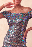Vestido de Homecoming Bodycon Champanhe Brilhante com Ombros Abertos e Lantejoulas