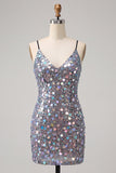 Vestido Curto de Regresso a Casa Cortante Bodycon Bodycon Prateado Brilhante Com Lantejoulas
