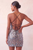 Vestido Curto de Regresso a Casa Cortante Bodycon Bodycon Prateado Brilhante Com Lantejoulas