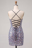 Vestido Curto de Regresso a Casa Cortante Bodycon Bodycon Prateado Brilhante Com Lantejoulas