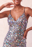 Vestido Curto de Regresso a Casa Cortante Bodycon Bodycon Prateado Brilhante Com Lantejoulas