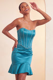 Vestido Curto de Regresso a Casa Bodycon Lake Blue com Missangas Sem Alças e Folhos