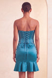 Vestido Curto de Regresso a Casa Bodycon Lake Blue com Missangas Sem Alças e Folhos