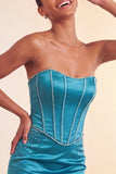 Vestido Curto de Regresso a Casa Bodycon Lake Blue com Missangas Sem Alças e Folhos
