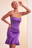 Vestido Curto de Regresso a Casa Bodycon Lake Blue com Missangas Sem Alças e Folhos