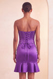 Vestido Curto de Regresso a Casa Bodycon Lake Blue com Missangas Sem Alças e Folhos