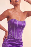 Vestido Curto de Regresso a Casa Bodycon Lake Blue com Missangas Sem Alças e Folhos