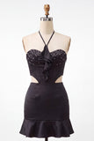 Vestido preto Bodycon Mini Bodycon com Cortes e Folhos
