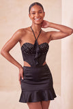 Vestido preto Bodycon Mini Bodycon com Cortes e Folhos