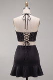 Vestido preto Bodycon Mini Bodycon com Cortes e Folhos