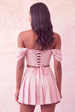 Vestido de Homecoming de 2 peças, Espartilho Rosa Claro Ombro Descoberto e Bordado